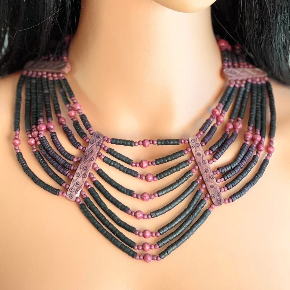 Vintage African Wood Beaded Necklace Multi Strand Tribal Statement Layered‎ Bib